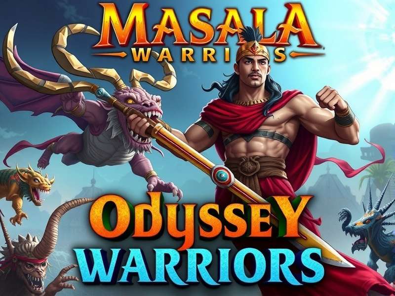 Masala Odyssey Warriors game banner featuring Indian warriors and mythical creatures